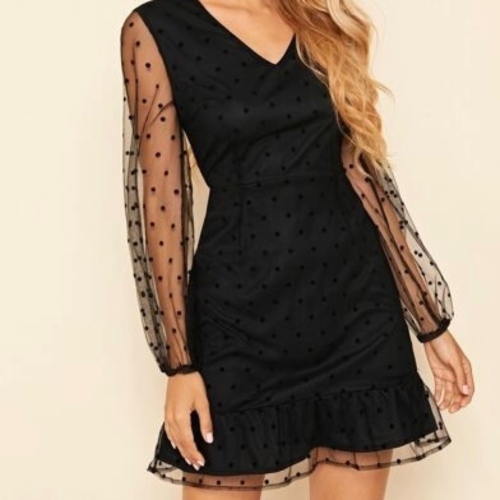 V neck mesh panel fitted dress (adorable Swiss dot style)